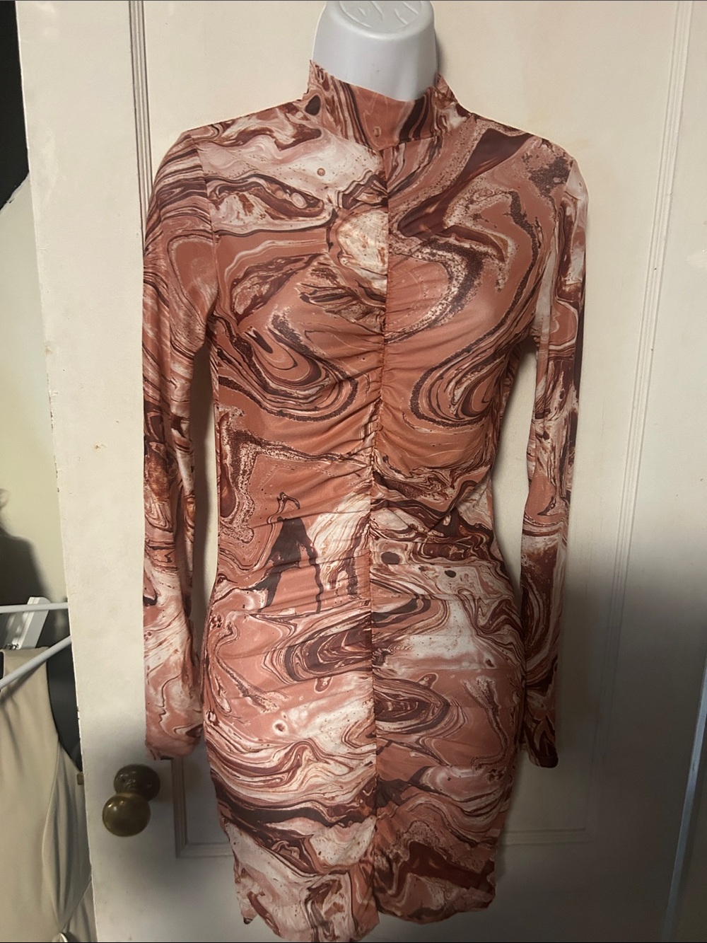 Ruched Long-Sleeve Marble Print Mini Dress in Brown